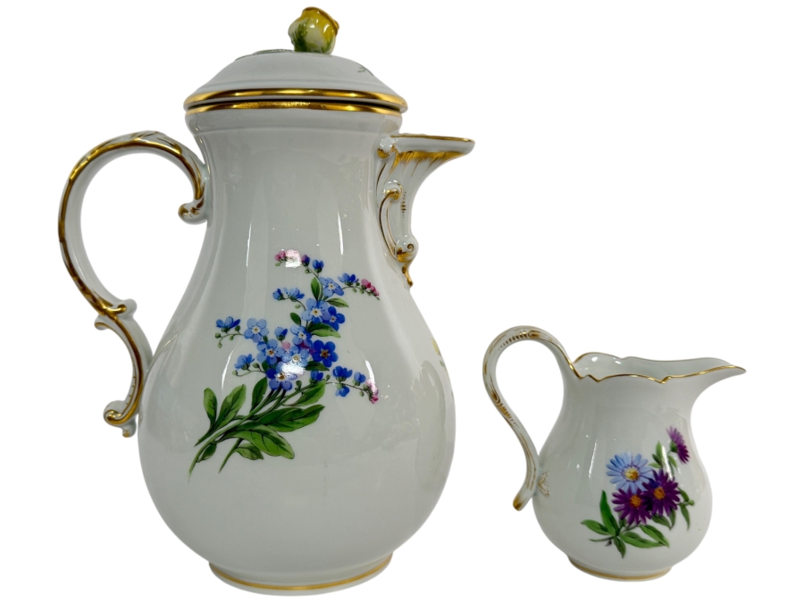 Just Added - Antique Meissen Hand-Painted Floral Porcelain Coffee Pot And Creamer Set 10'H And 4.5'H