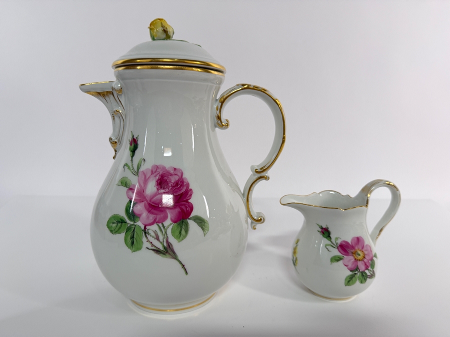 Just Added - Antique Meissen Hand-Painted Floral Porcelain Coffee Pot And Creamer Set 10'H And 4.5'H [Photo 6]