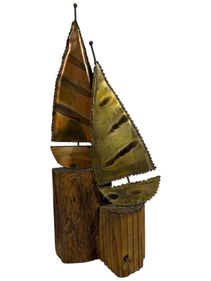 Just Added - Vintage Faustino Signed MCM Brutalist Metal Sailboat Tabletop Sculpture On Wood Blocks
