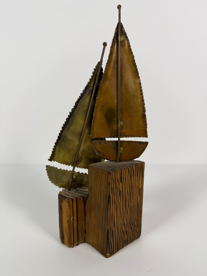 Just Added - Vintage Faustino Signed MCM Brutalist Metal Sailboat Tabletop Sculpture On Wood Blocks [Photo 3]