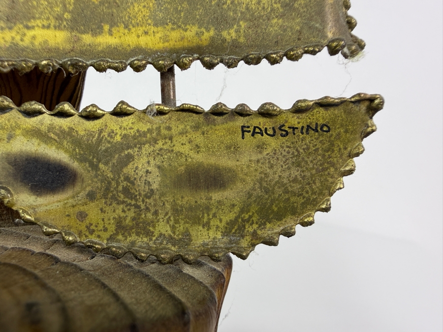 Just Added - Vintage Faustino Signed MCM Brutalist Metal Sailboat Tabletop Sculpture On Wood Blocks [Photo 2]