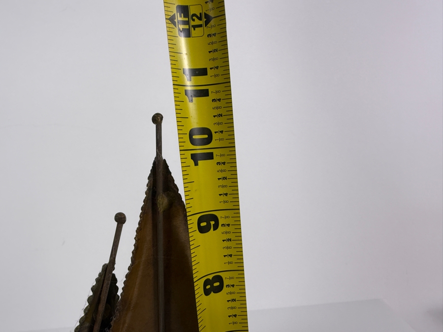 Just Added - Vintage Faustino Signed MCM Brutalist Metal Sailboat Tabletop Sculpture On Wood Blocks [Photo 4]