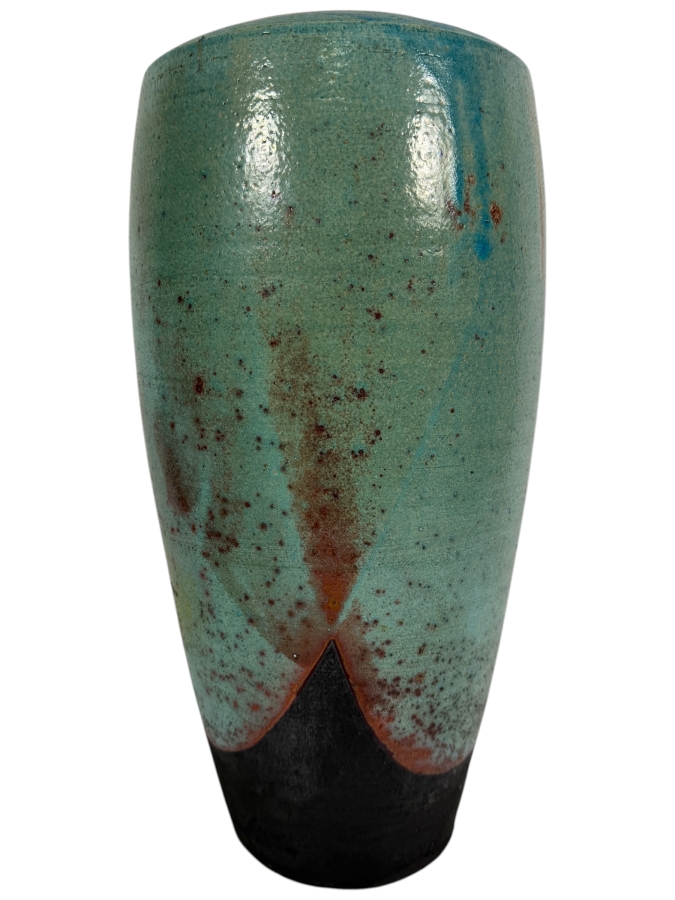 Just Added - Mark Hines Studio Raku Pottery Large 16'H Tall Turquoise Green Glazed Ceramic Vase