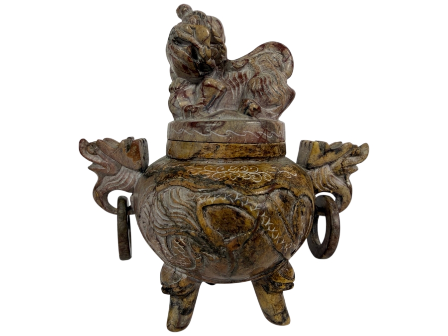 Just Added - Chinese Carved Soapstone Tripod Censer Incense Burner With Foo Dog Lid And Dragon Handles 6.25'H