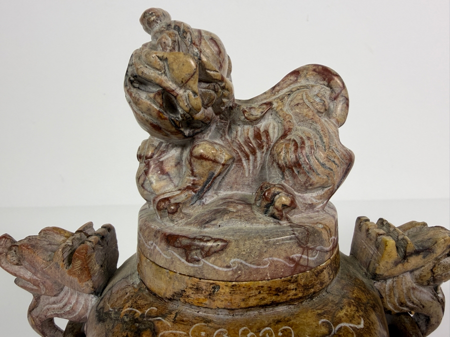 Just Added - Chinese Carved Soapstone Tripod Censer Incense Burner With Foo Dog Lid And Dragon Handles 6.25'H [Photo 2]