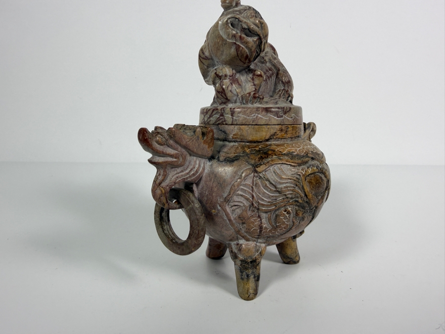 Just Added - Chinese Carved Soapstone Tripod Censer Incense Burner With Foo Dog Lid And Dragon Handles 6.25'H [Photo 4]