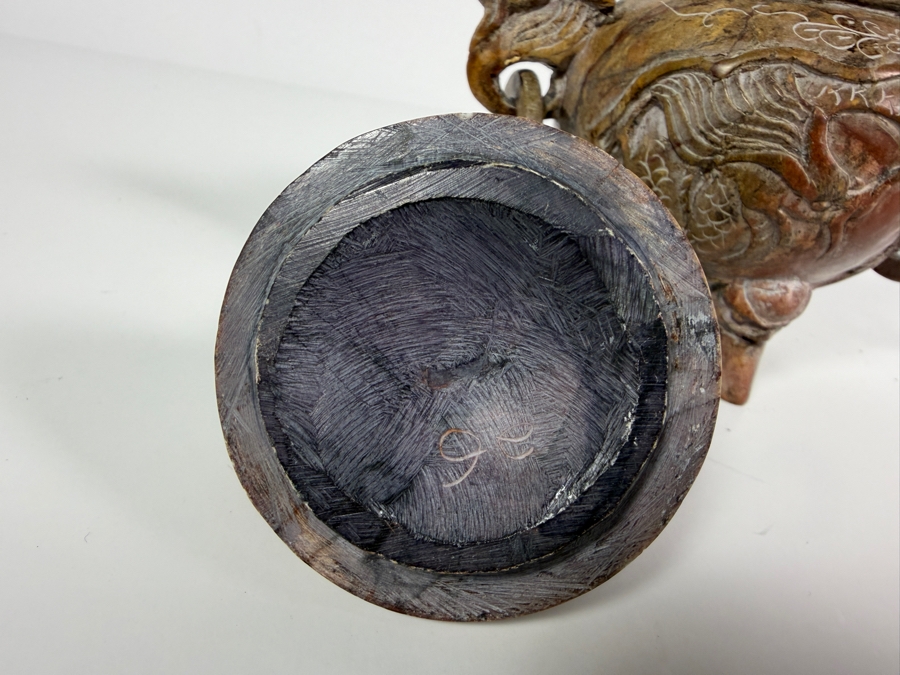 Just Added - Chinese Carved Soapstone Tripod Censer Incense Burner With Foo Dog Lid And Dragon Handles 6.25'H [Photo 6]