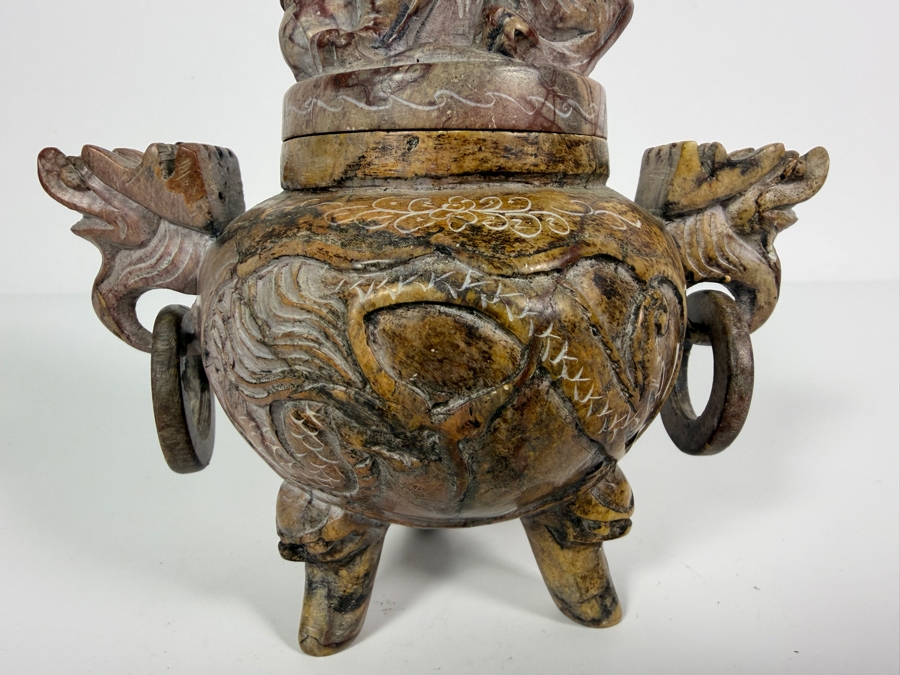 Just Added - Chinese Carved Soapstone Tripod Censer Incense Burner With Foo Dog Lid And Dragon Handles 6.25'H [Photo 3]
