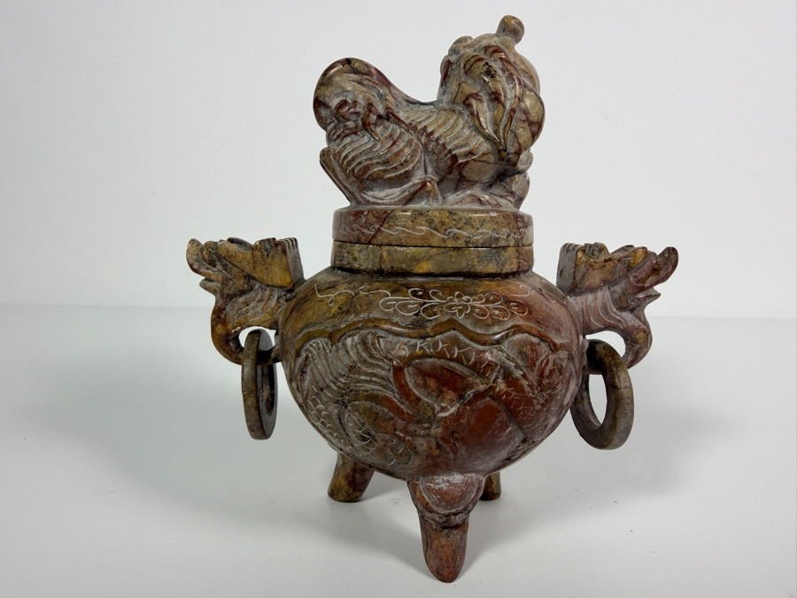 Just Added - Chinese Carved Soapstone Tripod Censer Incense Burner With Foo Dog Lid And Dragon Handles 6.25'H [Photo 5]