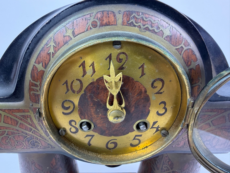Just Added - Antique Erhard And Sohne German Art Nouveau Jugendstil Brass Intarsia Zodiac Column Mantel Clock 9'W X 3'D X 11'H [Photo 4]