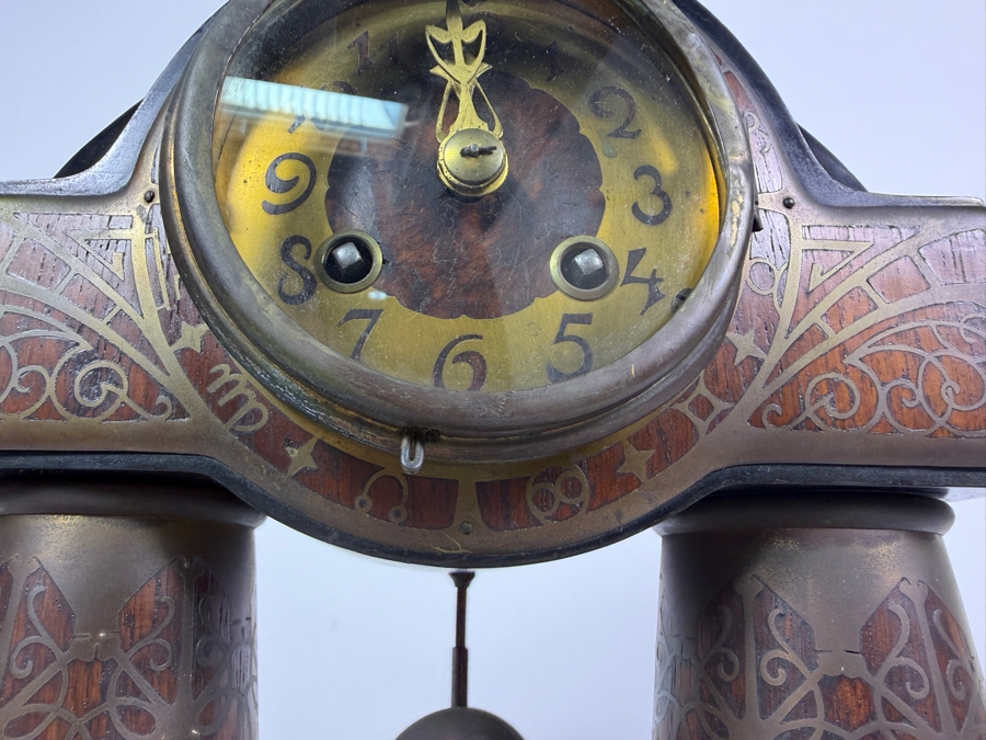 Just Added - Antique Erhard And Sohne German Art Nouveau Jugendstil Brass Intarsia Zodiac Column Mantel Clock 9'W X 3'D X 11'H [Photo 5]