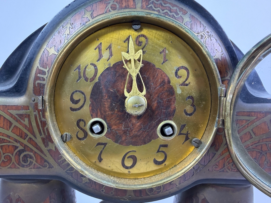 Just Added - Antique Erhard And Sohne German Art Nouveau Jugendstil Brass Intarsia Zodiac Column Mantel Clock 9'W X 3'D X 11'H [Photo 3]
