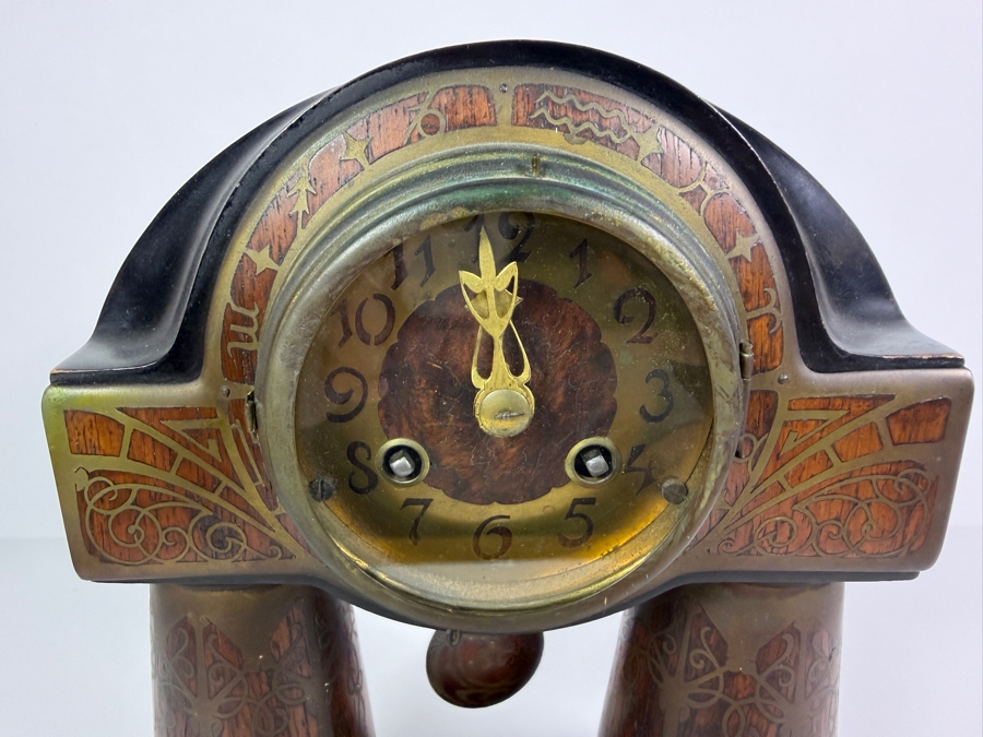 Just Added - Antique Erhard And Sohne German Art Nouveau Jugendstil Brass Intarsia Zodiac Column Mantel Clock 9'W X 3'D X 11'H [Photo 2]