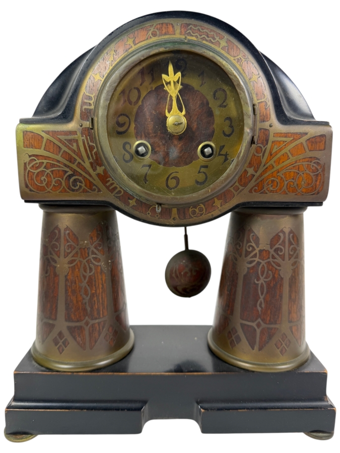 Just Added - Antique Erhard And Sohne German Art Nouveau Jugendstil Brass Intarsia Zodiac Column Mantel Clock 9'W X 3'D X 11'H