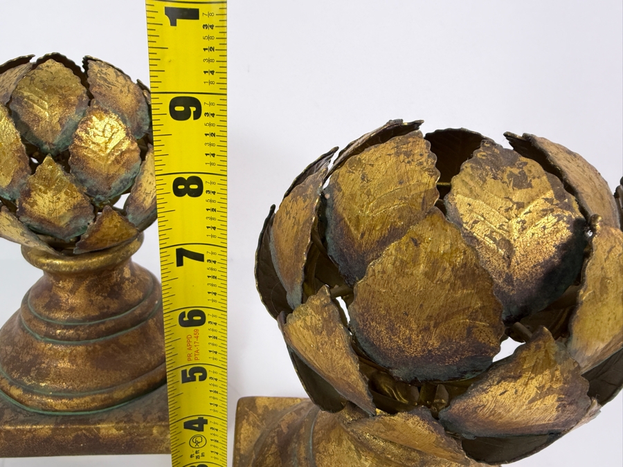 Just Added - Dept 56 Vintage Gilt Metal Artichoke Topiary Finial Sculptures On Pedestal Bases Pair 9.5'H [Photo 4]