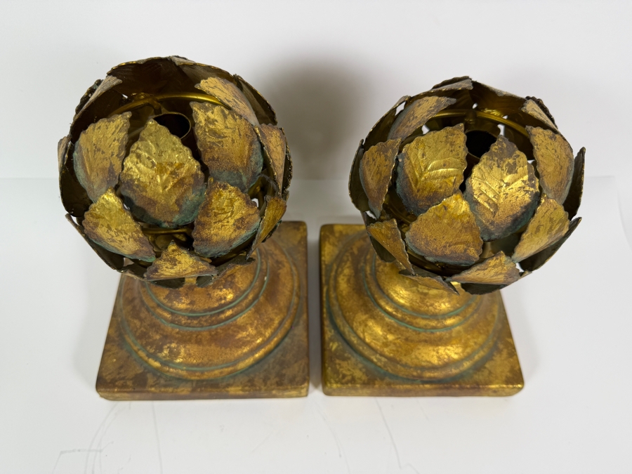 Just Added - Dept 56 Vintage Gilt Metal Artichoke Topiary Finial Sculptures On Pedestal Bases Pair 9.5'H [Photo 2]