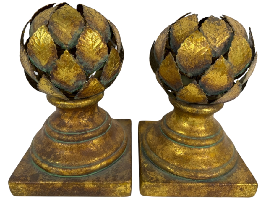 Just Added - Dept 56 Vintage Gilt Metal Artichoke Topiary Finial Sculptures On Pedestal Bases Pair 9.5'H
