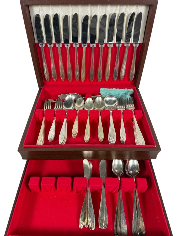 Just Added - Vintage 1847 Rogers Bros Silhouette Silverplate Flatware Service Set With Wooden Storage Canteen Chest Approximate Service for 12