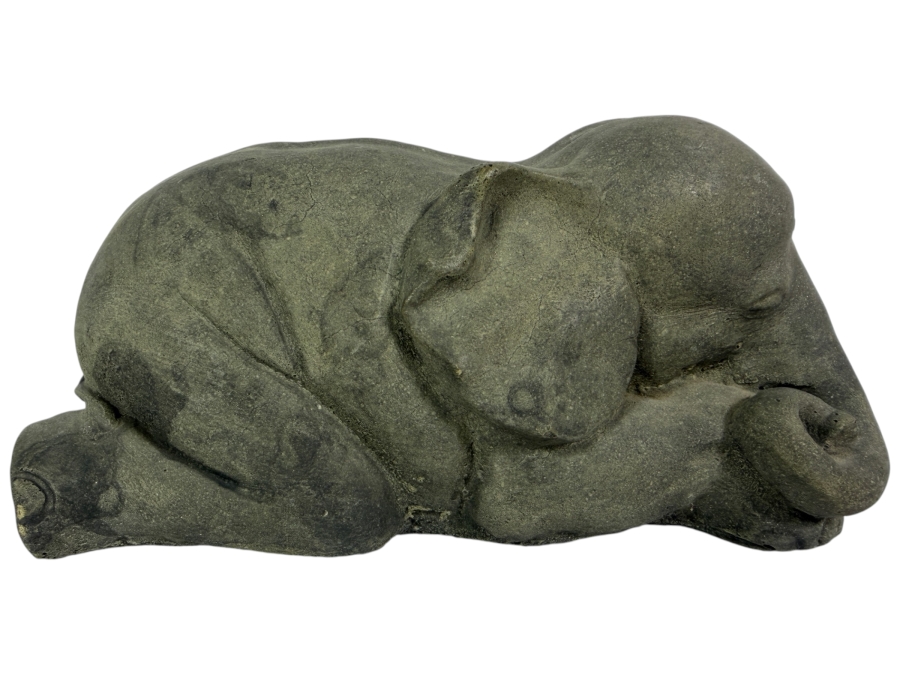 Just Added - Vintage Carved Stone Reclining Baby Elephant Garden Statue Sculpture 9'W
