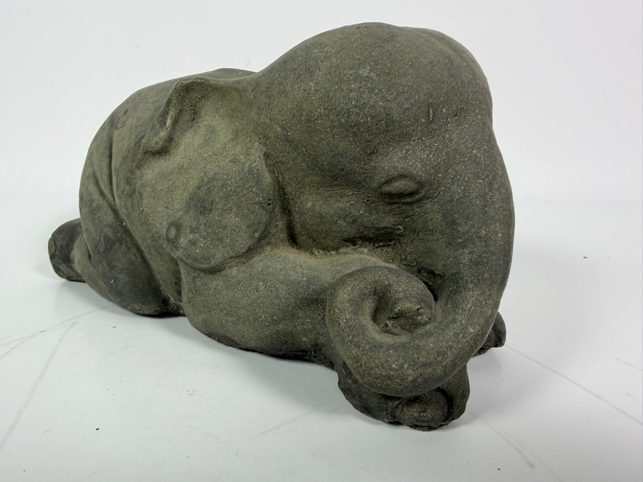 Just Added - Vintage Carved Stone Reclining Baby Elephant Garden Statue Sculpture 9'W [Photo 2]