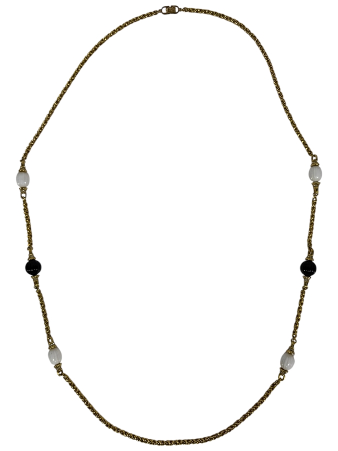 Just Added - Vintage Christian Dior Gold Tone Rope Chain Necklace With Black And Ribbed White Glass Beads
