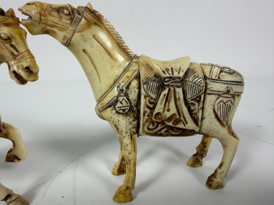 Just Added - Vintage Chinese Carved Bone Tang Style Caparisoned Horses Figurines Pair 4.5'W X 3.5'H [Photo 3]