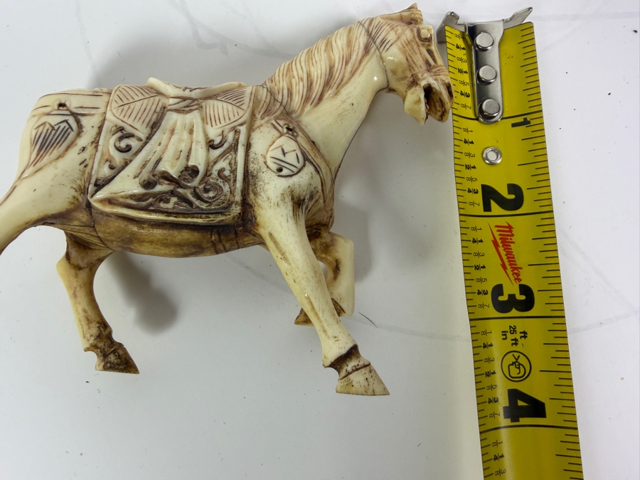 Just Added - Vintage Chinese Carved Bone Tang Style Caparisoned Horses Figurines Pair 4.5'W X 3.5'H [Photo 7]