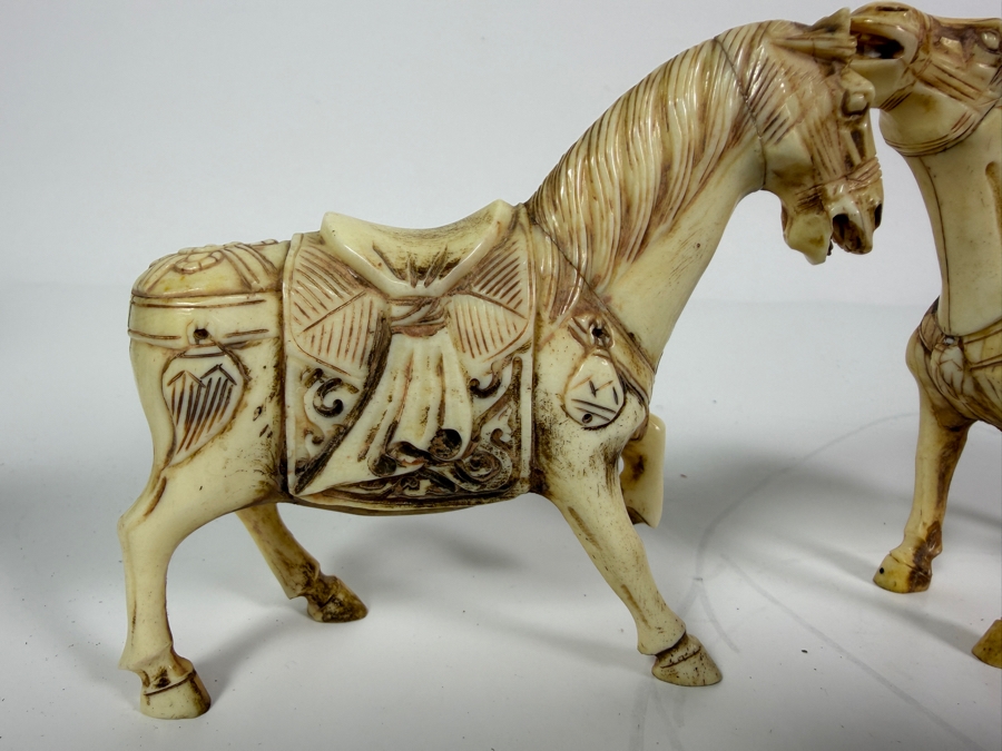 Just Added - Vintage Chinese Carved Bone Tang Style Caparisoned Horses Figurines Pair 4.5'W X 3.5'H [Photo 2]
