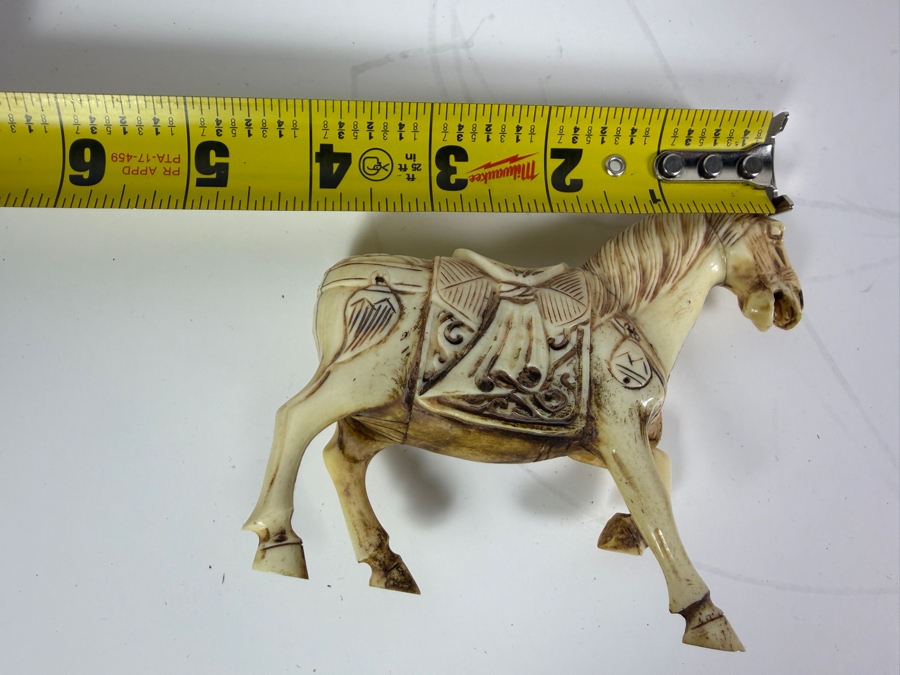 Just Added - Vintage Chinese Carved Bone Tang Style Caparisoned Horses Figurines Pair 4.5'W X 3.5'H [Photo 6]