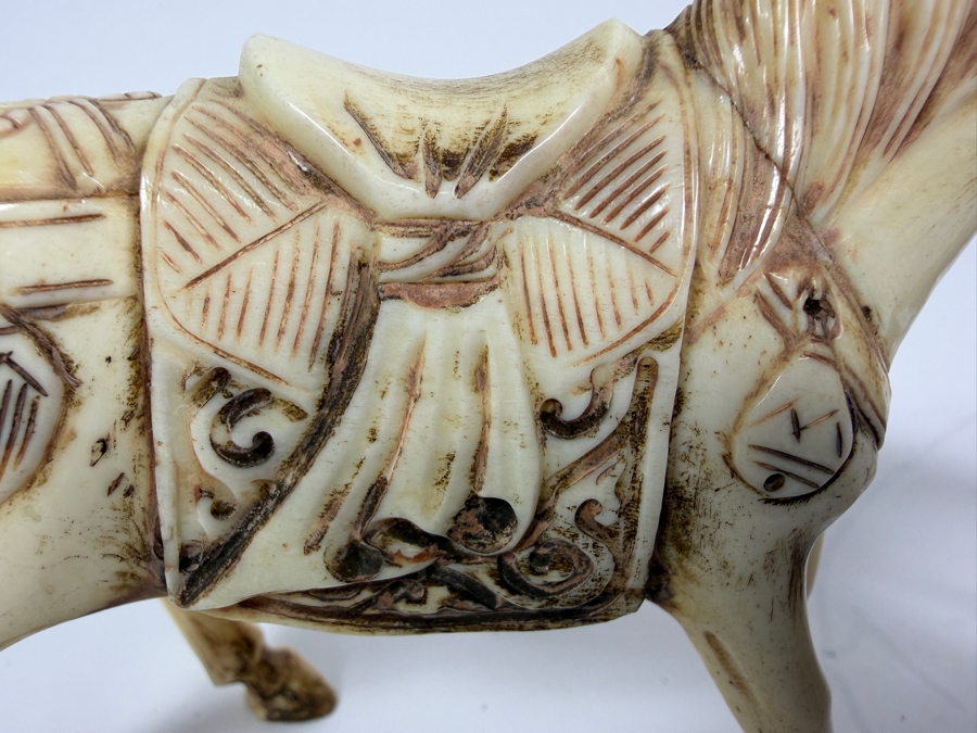 Just Added - Vintage Chinese Carved Bone Tang Style Caparisoned Horses Figurines Pair 4.5'W X 3.5'H [Photo 4]