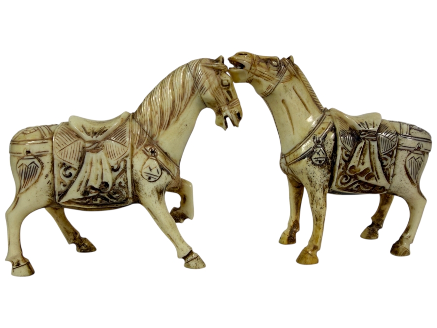 Just Added - Vintage Chinese Carved Bone Tang Style Caparisoned Horses Figurines Pair 4.5'W X 3.5'H