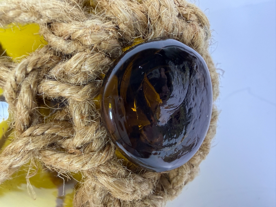 Just Added - Vintage Amber Green Hand Blown Glass Japanese Fishing Float Ball In Macrame Jute Rope Netting 6'W [Photo 3]