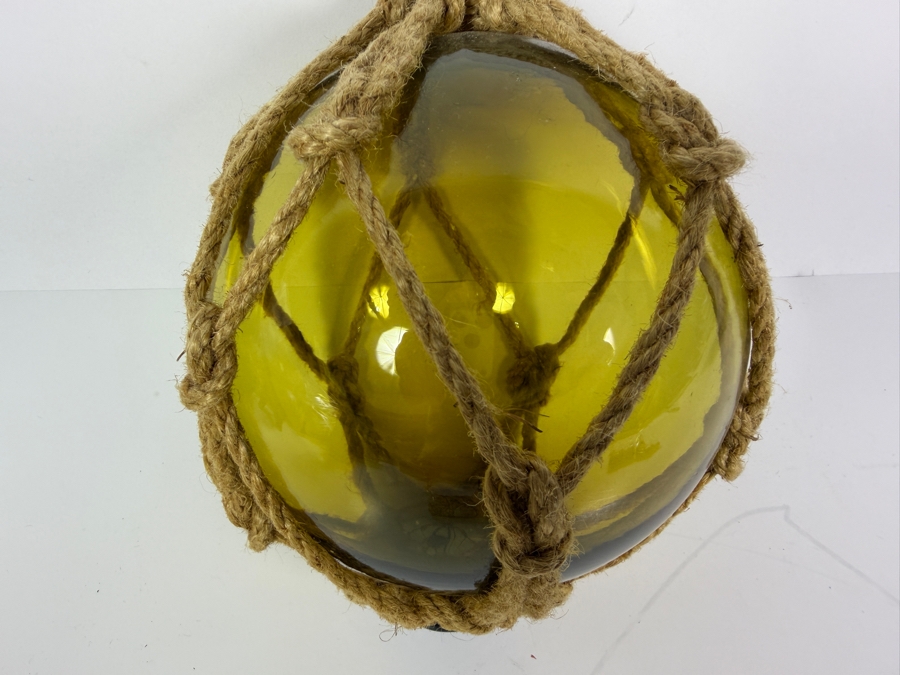 Just Added - Vintage Amber Green Hand Blown Glass Japanese Fishing Float Ball In Macrame Jute Rope Netting 6'W [Photo 2]