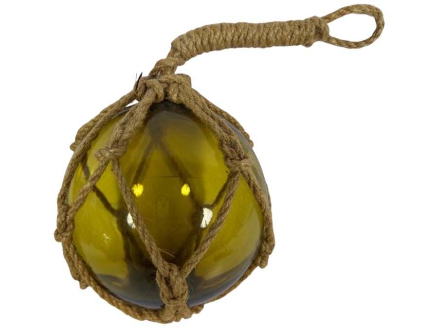 Just Added - Vintage Amber Green Hand Blown Glass Japanese Fishing Float Ball In Macrame Jute Rope Netting 6'W