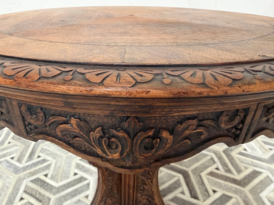Just Added - Vintage Carved Wooden Round Side Table 25W X 25H [Photo 4]
