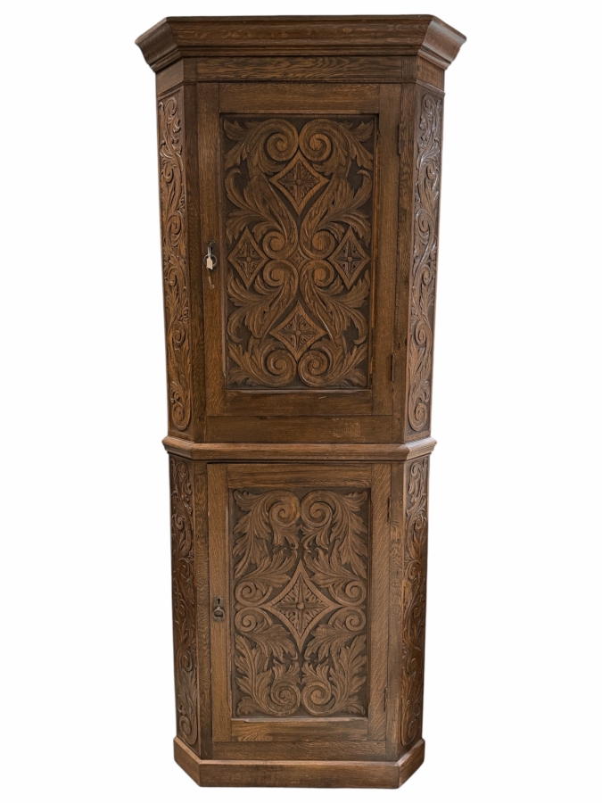 Just Added - Antique Carved Wooden 2-Piece Corner Cupboard Cabinet 34W X 18D X 88.5H