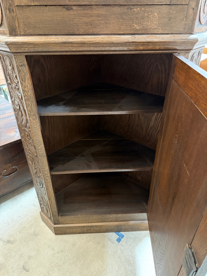 Just Added - Antique Carved Wooden 2-Piece Corner Cupboard Cabinet 34W X 18D X 88.5H [Photo 5]