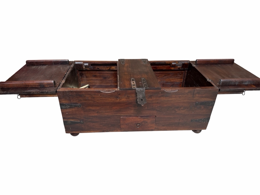 Just Added - Crate & Barrel Taka Trunk Coffee Table Featuring Hinged Lids And Rustic Metal Hardware 44W X 25D X 18H [Photo 3]