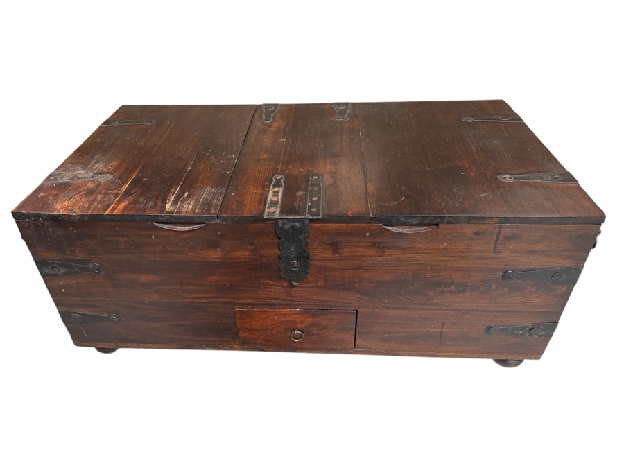 Just Added - Crate & Barrel Taka Trunk Coffee Table Featuring Hinged Lids And Rustic Metal Hardware 44W X 25D X 18H [Photo 2]
