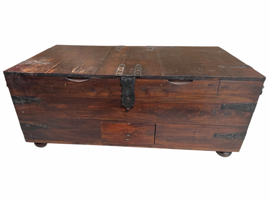 Just Added - Crate & Barrel Taka Trunk Coffee Table Featuring Hinged Lids And Rustic Metal Hardware 44W X 25D X 18H