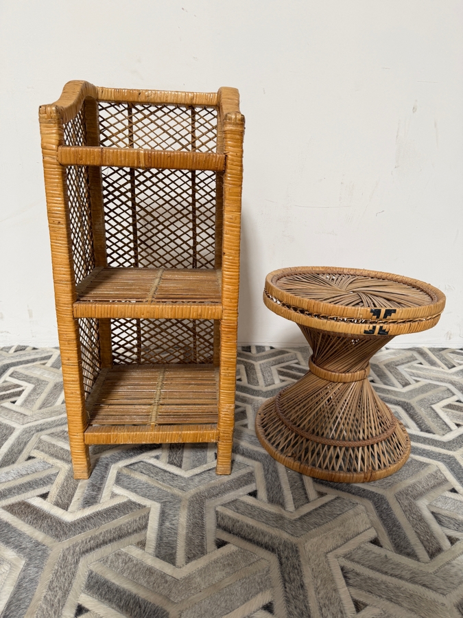 Just Added - Vintage Small Tattan Etagere 12.5W X 28H And Small Wicker Round Side Table 14W X 14H [Photo 2]