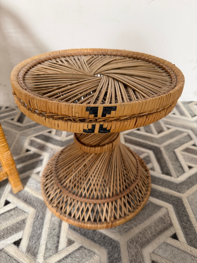 Just Added - Vintage Small Tattan Etagere 12.5W X 28H And Small Wicker Round Side Table 14W X 14H [Photo 3]