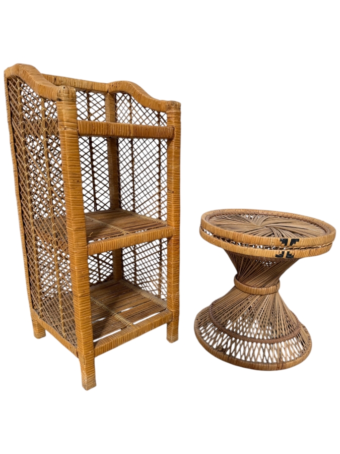 Just Added - Vintage Small Tattan Etagere 12.5W X 28H And Small Wicker Round Side Table 14W X 14H