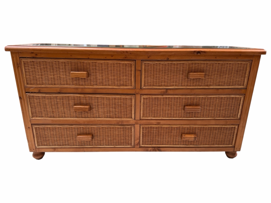 Just Added - 6-Drawer Wicker Dresser With Glass Top 58W X 18D X 31H