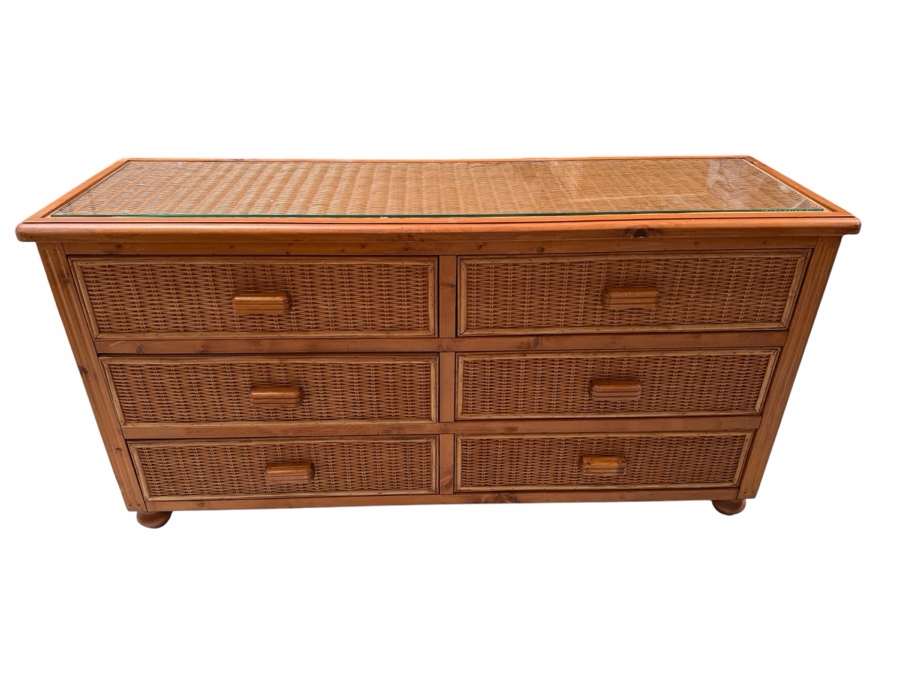 Just Added - 6-Drawer Wicker Dresser With Glass Top 58W X 18D X 31H [Photo 2]