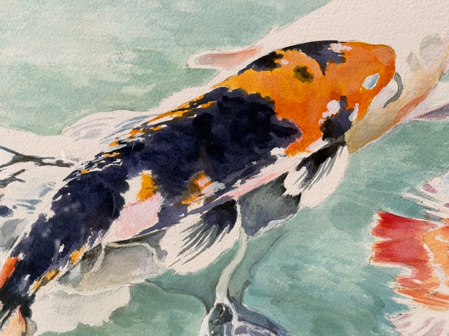 Just Added - Stunning Large Original Chinese Watercolor Painting Of Koi Fish On Paper 42 X 30 Encased In An Acrylic Framed 61.5W X 50.5H X 3D Artist Signed [Photo 7]