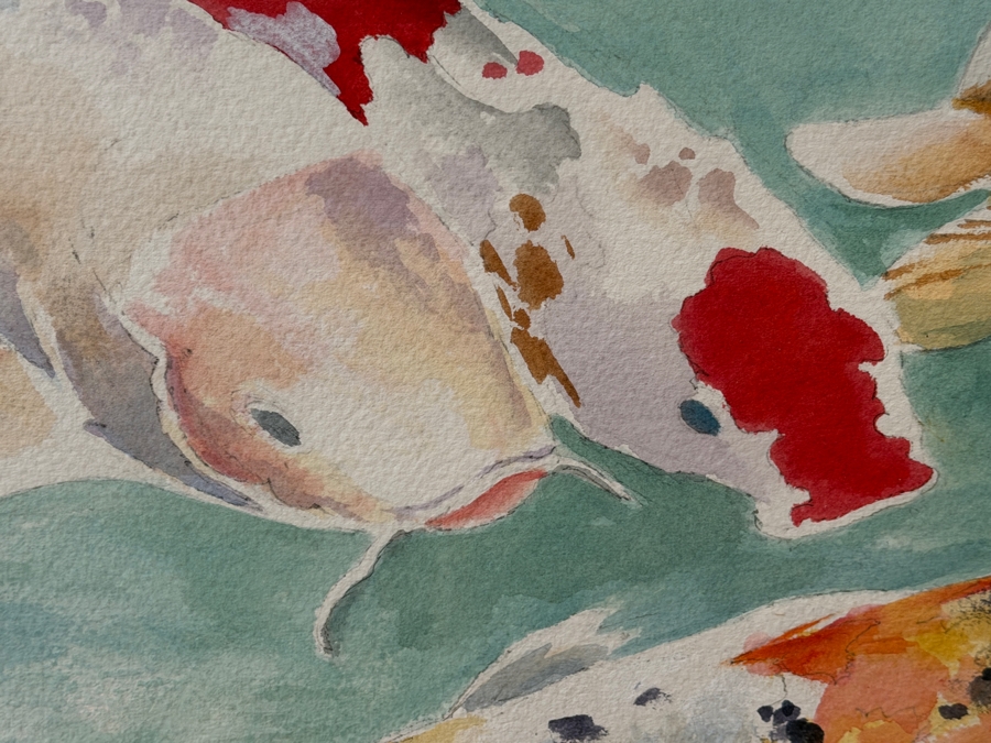 Just Added - Stunning Large Original Chinese Watercolor Painting Of Koi Fish On Paper 42 X 30 Encased In An Acrylic Framed 61.5W X 50.5H X 3D Artist Signed [Photo 4]