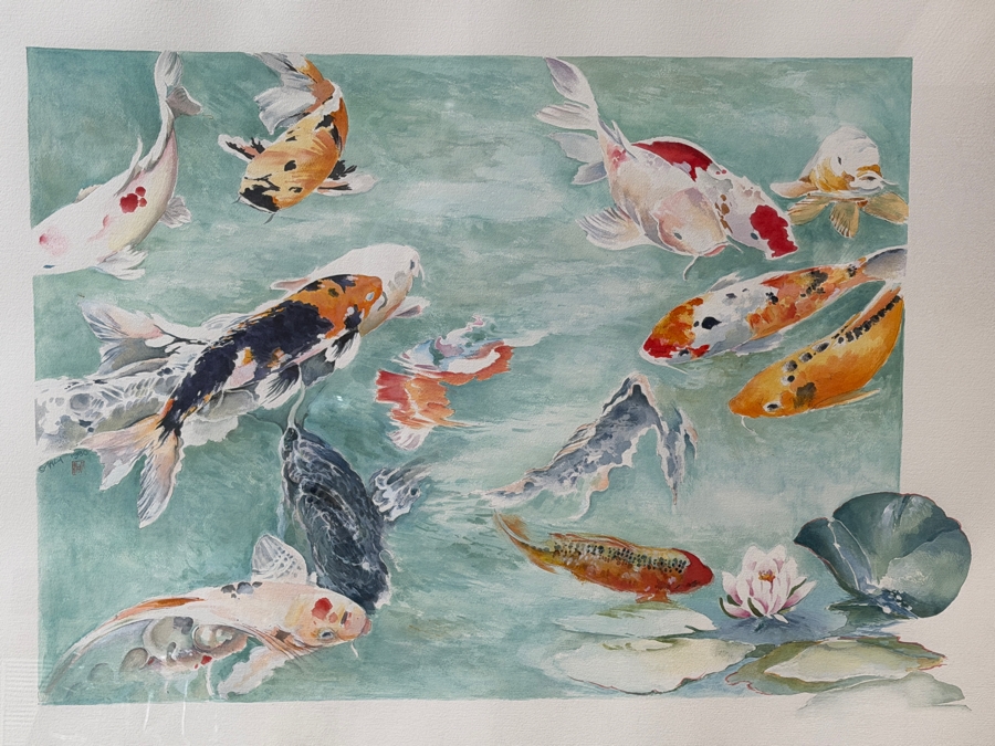 Just Added - Stunning Large Original Chinese Watercolor Painting Of Koi Fish On Paper 42 X 30 Encased In An Acrylic Framed 61.5W X 50.5H X 3D Artist Signed [Photo 3]