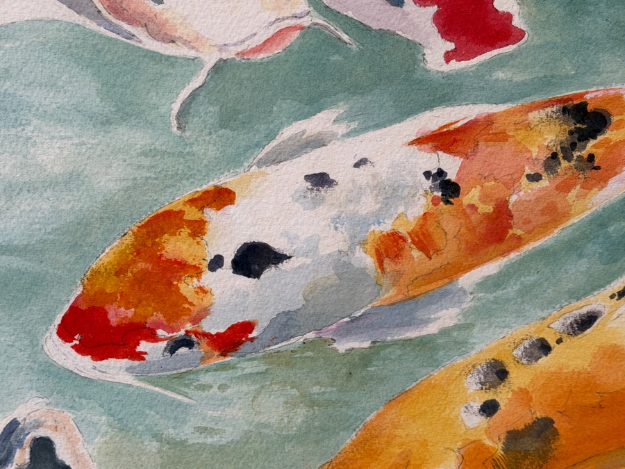 Just Added - Stunning Large Original Chinese Watercolor Painting Of Koi Fish On Paper 42 X 30 Encased In An Acrylic Framed 61.5W X 50.5H X 3D Artist Signed [Photo 5]