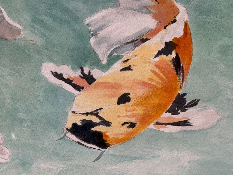 Just Added - Stunning Large Original Chinese Watercolor Painting Of Koi Fish On Paper 42 X 30 Encased In An Acrylic Framed 61.5W X 50.5H X 3D Artist Signed [Photo 8]